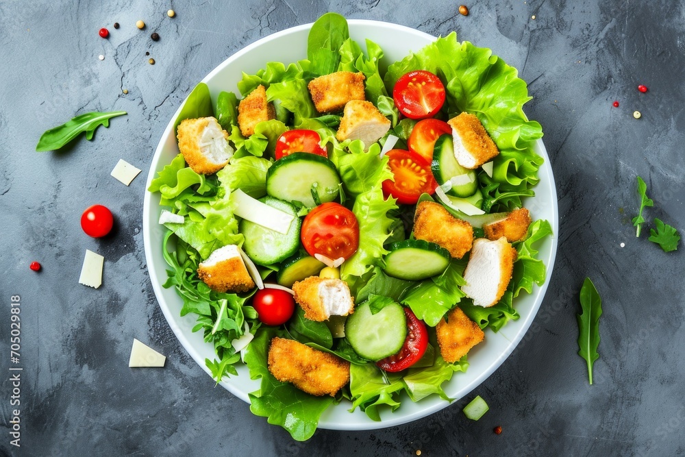 Grilled chicken breast, fillet and fresh vegetable salad of lettuce, arugula, spinach, cucumber and tomato. Healthy lunch menu. Diet food. Top view Grilled chicken breast, fillet and fresh vegetable salad of lettuce, arugula, spinach, cucumber and tomato. Healthy lunch menu. Diet food. Top view