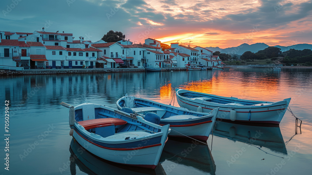 Fishing boats anchored in front of village at dusk

