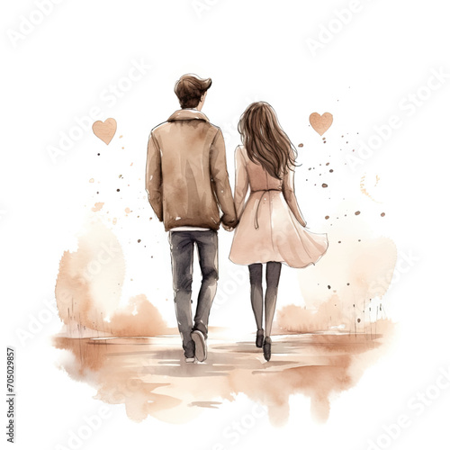 Hand drawn watercolor minimal style cartoon lover couple wedding  ceremony