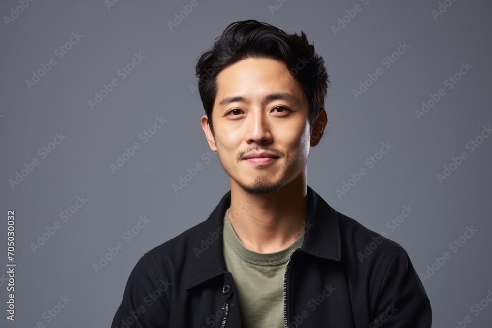 Portrait of young handsome asian man looking at camera over gray background Portrait of young handsome asian man looking at camera over gray background