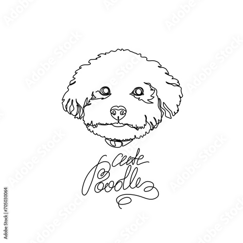 Cute poodle print, dog face with an inscription, continuous line drawing, puppy head pet small mini tattoo, print for clothes, silhouette one single line on white background, isolated vector.