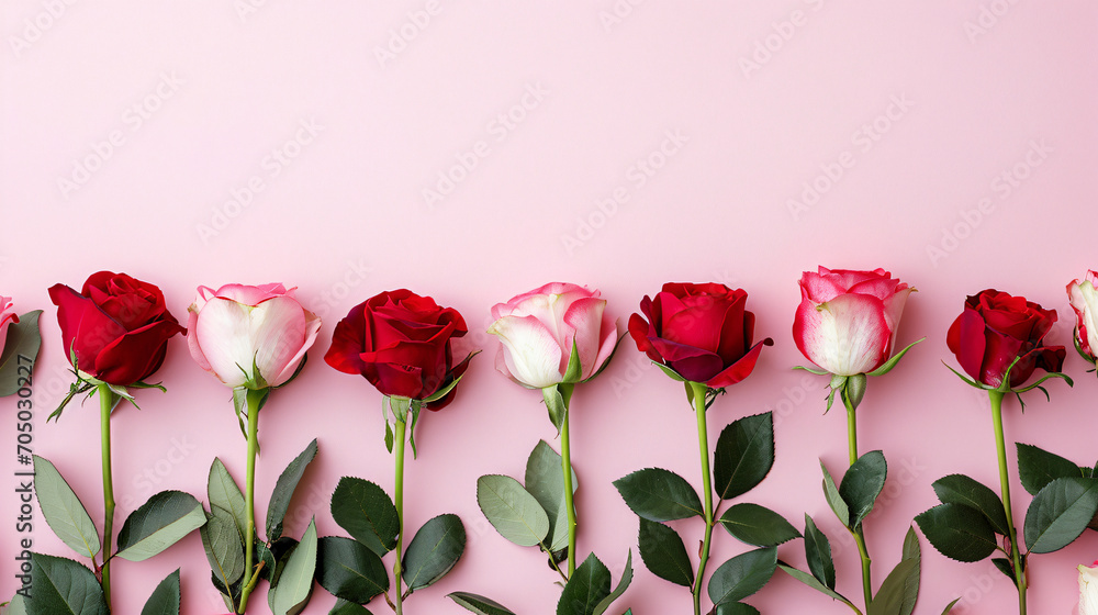 Fototapeta premium Red and Pink Roses on Light Pink Background with Copy Space for Valentine's Day
