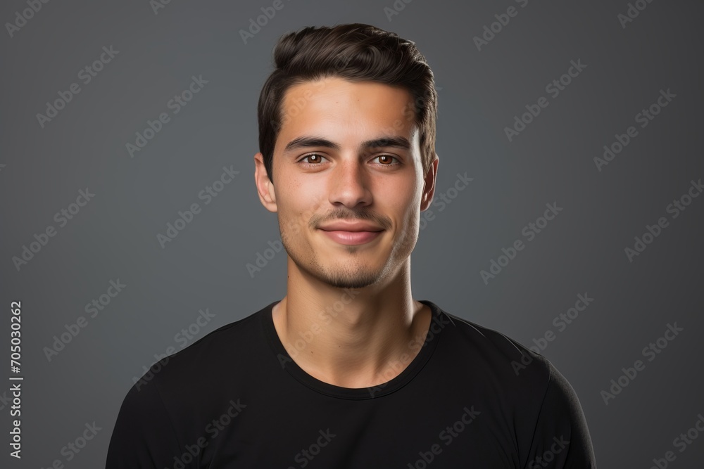 Portrait of handsome young man in black t-shirt on grey background Portrait of handsome young man in black t-shirt on grey background