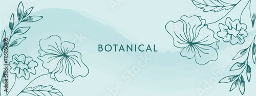 Floral background. Banner with flowers in a minimalist style, on a gentle mint background. Template for social networks, poster.