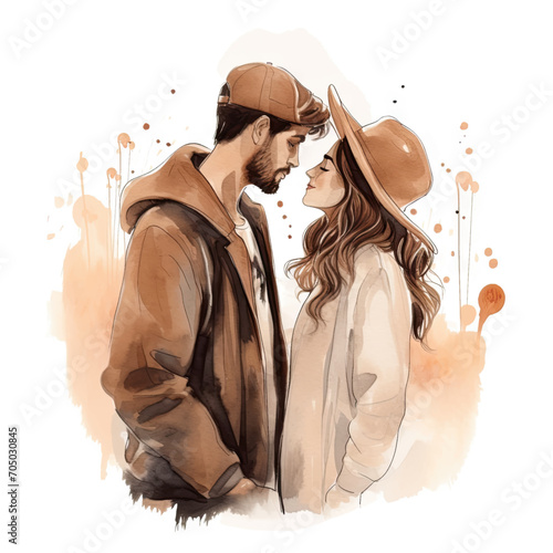 Hand drawn watercolor minimal style cartoon lover couple wedding  ceremony