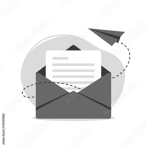 Letter in an envelope with message and a paper airplane. Elegant grey email icon. Minimalistic vector illustration.