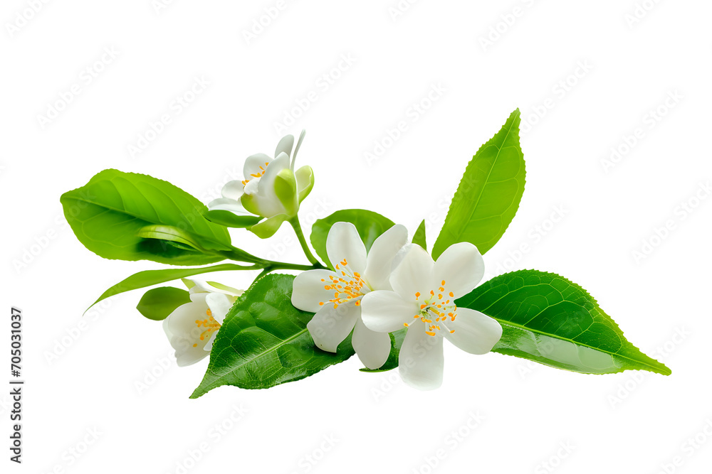 Fototapeta premium White tea flowers with green leaf on white