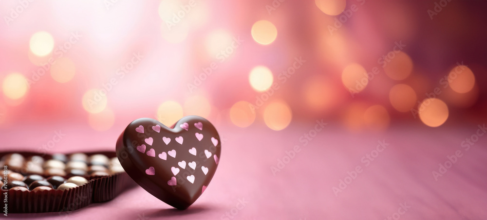 Romantic valentine card with an image of a chocolate candy on a pink background with space for text, close-up.