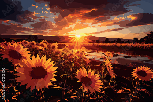 Beautiful field with sunflowers sky clouds ,Sunflower field in the glow of sunset.