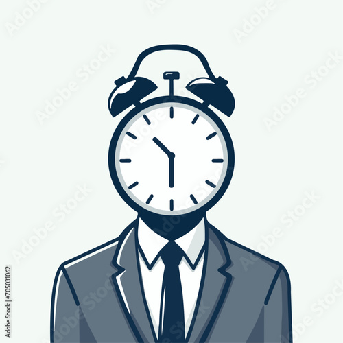 business man with head clock, time management, discipline, stress pressure, headache, depression concept flat cartoon vector character. deadline over time employee worker busy schedule illustration
