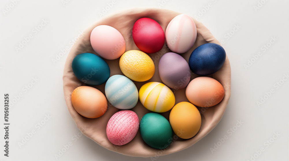 vibrant eggs cradled in a cozy fabric nest, a burst of color and delight for the festive season vibrant eggs cradled in a cozy fabric nest, a burst of color and delight for the festive season