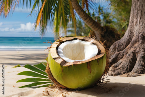 Fresh king coconut on beach. Tropical refreshment under coconut tree. Summer vibes captured in this beachside treat.