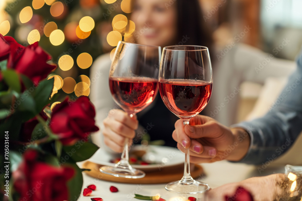 Romantic Wine Dinner - Couple in Love Celebrating Valentine's Day at Home