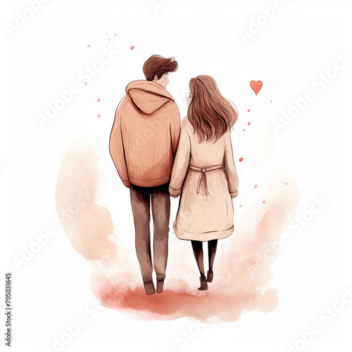 Hand drawn watercolor minimal style cartoon lover couple wedding ceremony