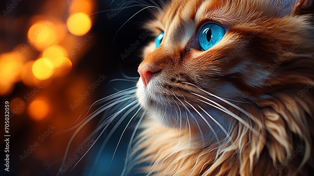 Cat brown fur with blue eye staring intently closeup Cat brown fur with blue eye staring intently closeup