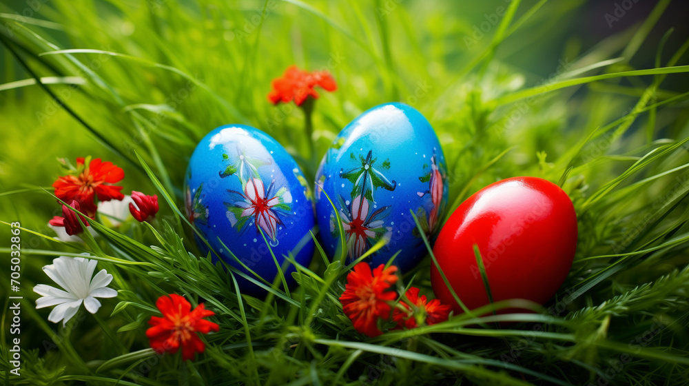 Red and blue eggs adorned with intricate floral designs, creating a festive and colorful scene on the lush green grass Red and blue eggs adorned with intricate floral designs, creating a festive and colorful scene on the lush green grass
