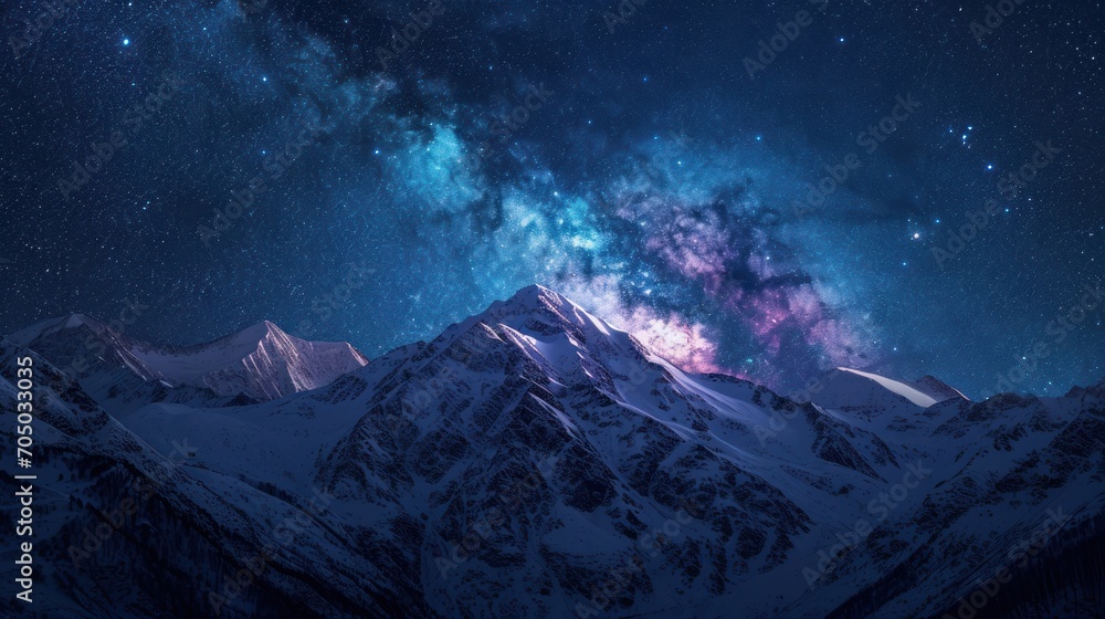 Majestic Snow-Covered Mountain Under a Starry Night Sky