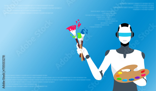 筆とパレットを持つロボットが人工知能で絵を描く様子のベクターイラスト。青いグラデーションの背景にコピースペース。