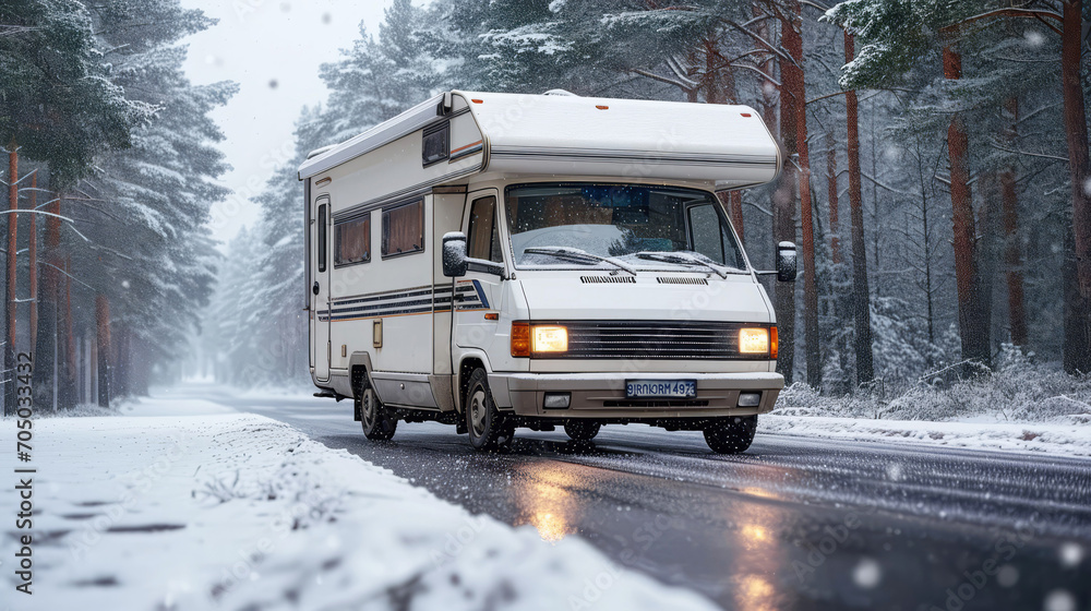 Motorhome camper RV driving in winter on snow road