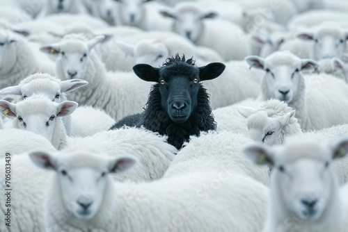 Das schwarze Schaf in der Herde weißer Schafe photo