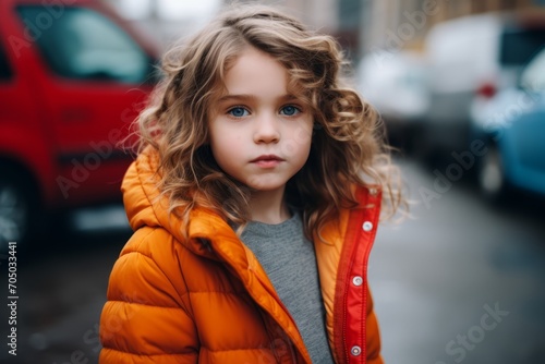 Portrait of a cute little girl in an orange jacket on the street