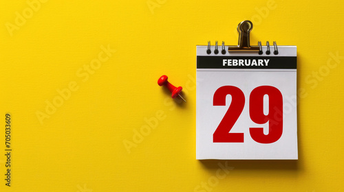 Wall calender with February 29th marked as leap year with extra day on yellow background