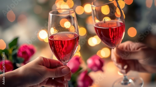 Romantic couple celebrating valentines day with wine/champagne toast in restaurant, bokeh background