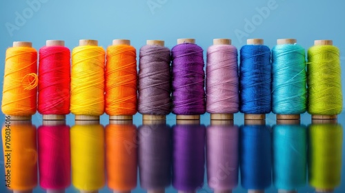 Colorful Spools of Thread on Blue Background