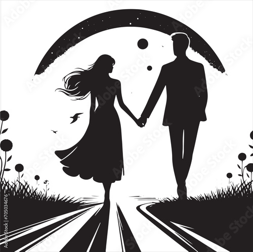 Endearing Twilight Kiss Bliss in Valentine Stroll Silhouette: A Beautiful Scene of a Couple Walking Hand in Hand for Stock - Couple Day Black Vector Stock
