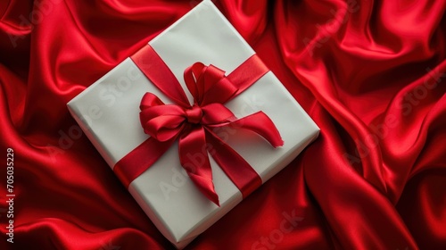White Gift Box With Red Bow on Red Satin Background