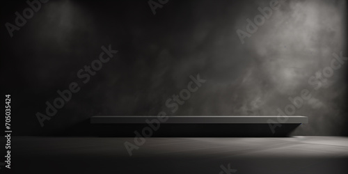 Empty cement board shelf at grunge concrete wall background, Dark room, Mock up for display or montage of product or design. 