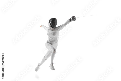 Professional female fencer lunging with grace and precision, flash of her sword against white studio background. Dance of competition. Concept of professional sport, active lifestyle, motion, strength