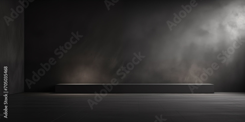 Empty cement board shelf at grunge concrete wall background  Dark room  Mock up for display or montage of product or design.  