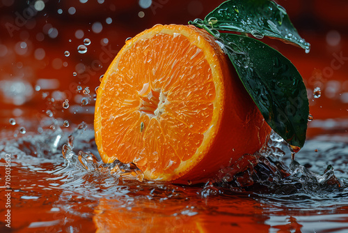 Orange with water splash on dark background. Fresh orange with water splash