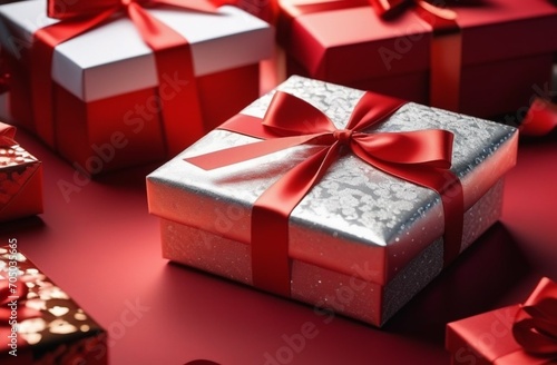 Gift in a red package on a red background. Happy Holidays.