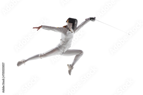 Artistry of combat. Female fencer gracefully executes complex fencing maneuver in action against white studio background. Concept of professional, sport active lifestyle, fitness, motion, strength.
