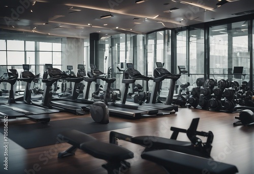 A photo of a interior of a modern fitness center gym club with a workout room with treadmills