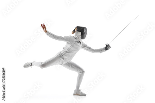 Fencer's footwork and poised stance in mid-bout against a pristine white studio background. Tactical aspect dynamic sport. Concept of professional, sport active lifestyle, fitness, motion, strength.