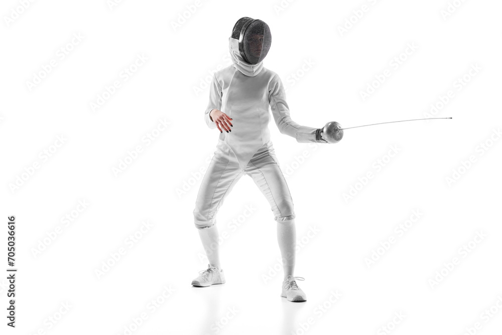 Female fencer intense gaze as she anticipates her opponent's move, tension palpable against white studio background. Concept of professional, sport active lifestyle, fitness, motion, strength. Female fencer intense gaze as she anticipates her opponent's move, tension palpable against white studio background. Concept of professional, sport active lifestyle, fitness, motion, strength.