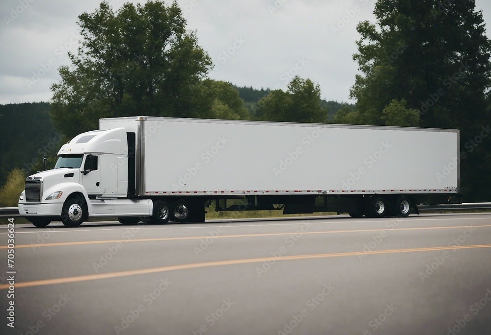 A white cargo truck with a white blank empty trailer for ad on a highway road in the united states A white cargo truck with a white blank empty trailer for ad on a highway road in the united states