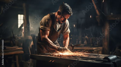 Foto Close-up of blacksmith in apron working with hammer and iron in the workshop