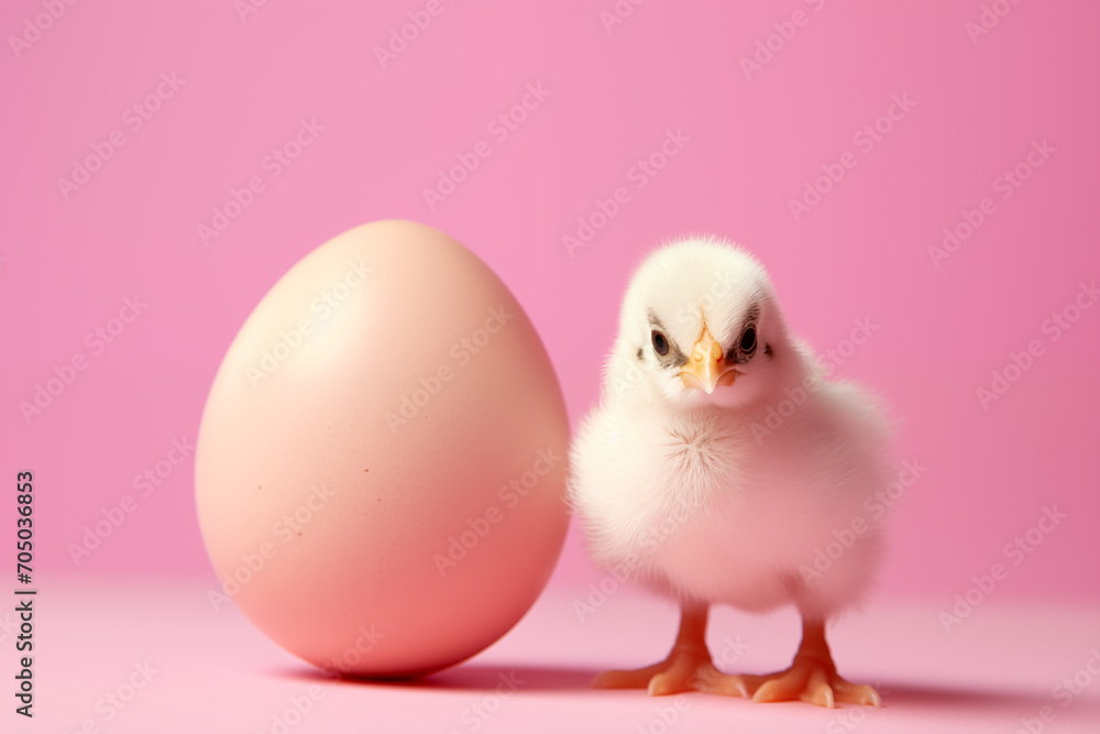 filhote de galinha ao lado de um ovo isolado no fundo rosa