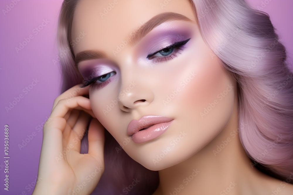 custom made wallpaper toronto digitalBeautiful Blonde hair face model with purple makeup, beauty tips for girls, in the style of serene faces, light magenta and beige, subtle