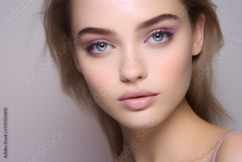 Beautiful Blonde hair face model with makeup, beauty tips for girls, in the style of serene faces, light magenta and beige, subtle
