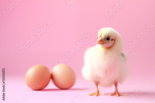 filhote de galinha ao lado de um ovo isolado no fundo rosa