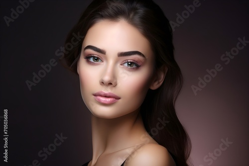 Beautiful dark hair face model with makeup, beauty tips for girls, in the style of serene faces, light magenta and beige, subtle, skin care