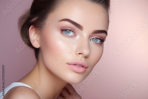 Beautiful dark hair face model with makeup, beauty tips for girls, in the style of serene faces, light magenta and beige, subtle, skin care