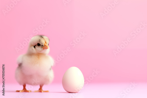 filhote de galinha ao lado de um ovo isolado no fundo rosa photo
