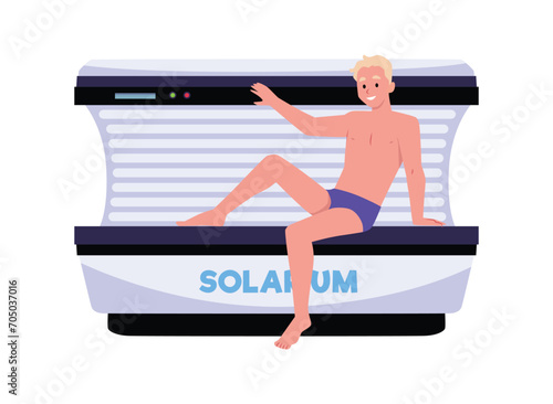 Smiling blonde man sitting on solarium cabin flat style
