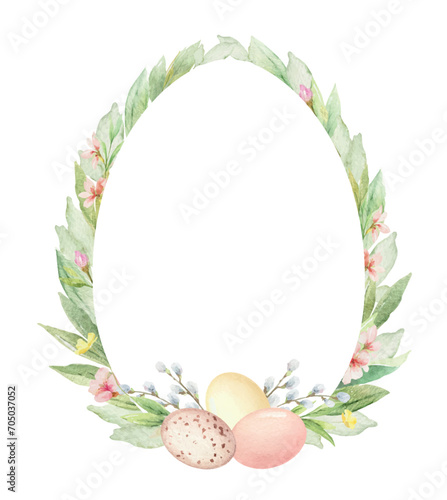 Easter egg shaped frame decorated with greenery, flowers and eggs. Vector wat...